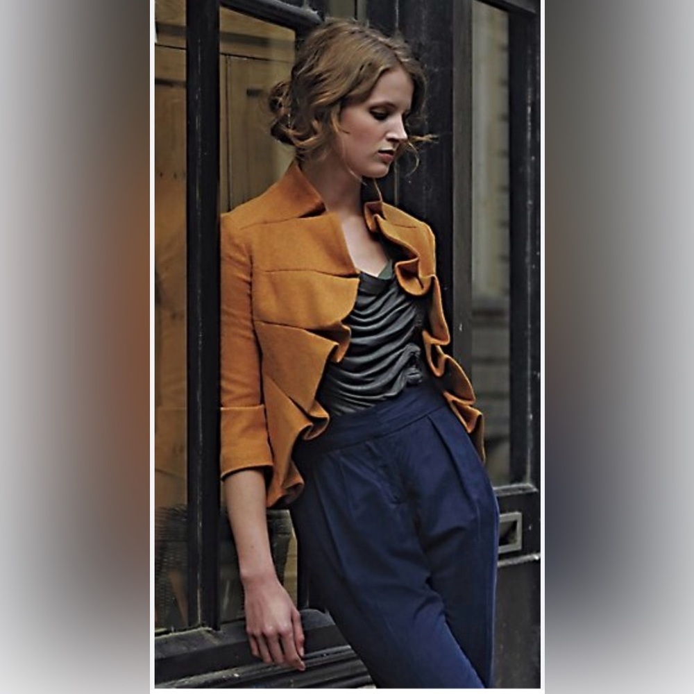 Anthropologie Tabitha Terrace House Tweed Ruffle Jacket in Mustard Yellow